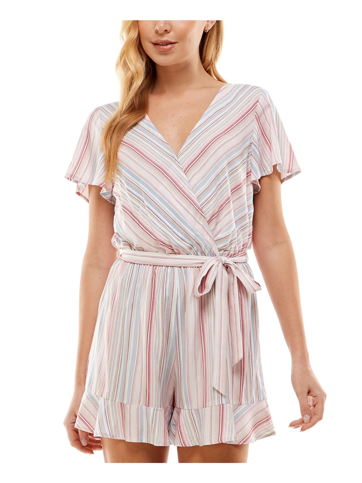 BEBOP Womens Pink Ruffled Pull-on Self-tie Belt Striped Flutter Sleeve Surplice Neckline Wide Leg Romper L