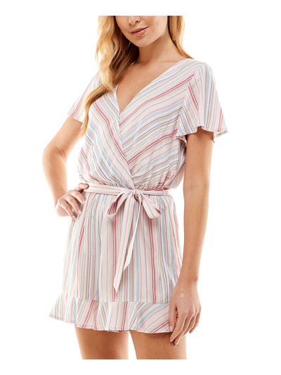 BEBOP Womens Pink Ruffled Pull-on Self-tie Belt Striped Flutter Sleeve Surplice Neckline Wide Leg Romper L