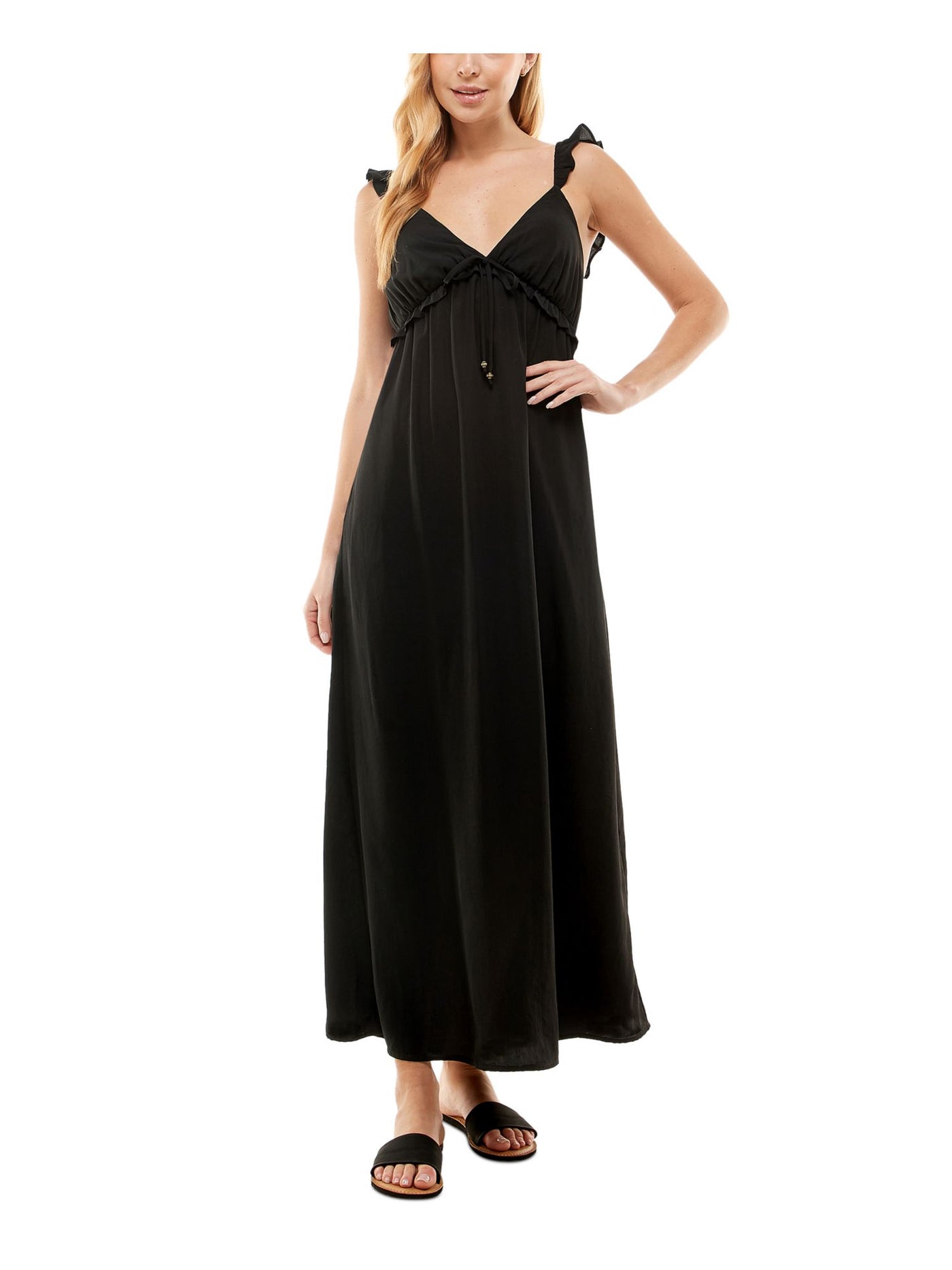 KINGSTON GREY Womens Ruffled Sleeveless V Neck Maxi Empire Waist Dress