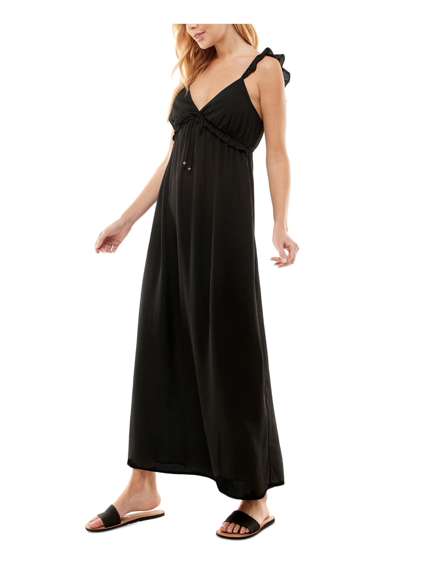 KINGSTON GREY Womens Ruffled Sleeveless V Neck Maxi Empire Waist Dress