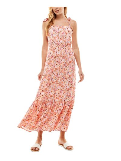 KINGSTON GREY Womens Orange Tie Floral Sleeveless Square Neck Maxi Fit + Flare Dress Juniors S