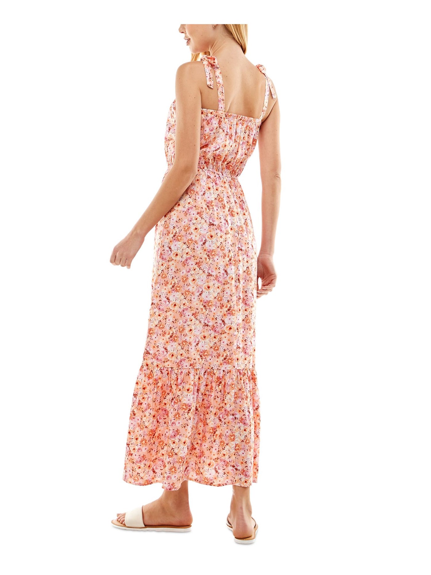 KINGSTON GREY Womens Orange Tie Floral Sleeveless Square Neck Maxi Fit + Flare Dress S