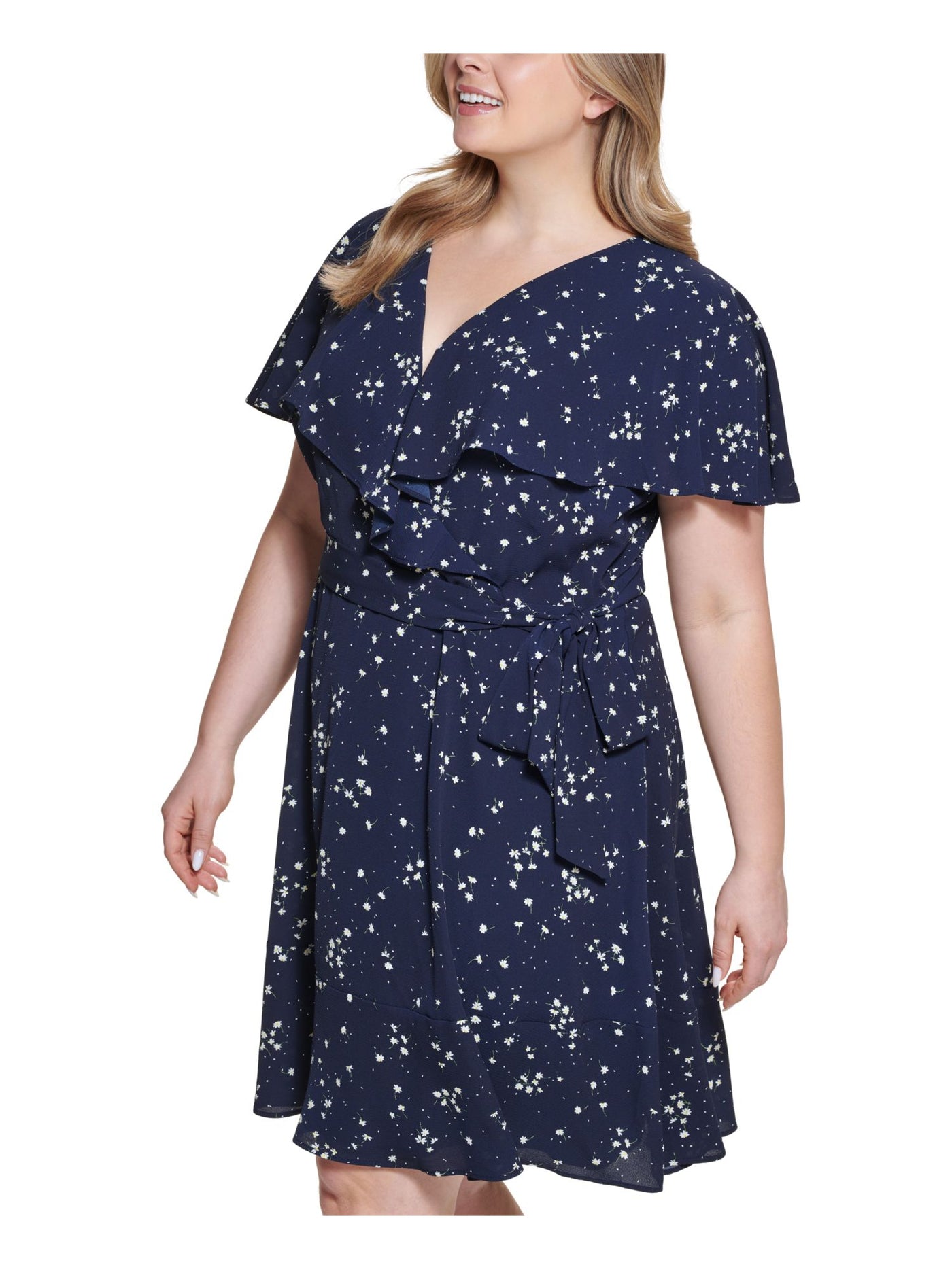 DKNY Womens Navy Zippered Textured Tie Belt Ruffled Sheer Lined Floral Flutter Sleeve V Neck Above The Knee Fit + Flare Dress Plus 18W