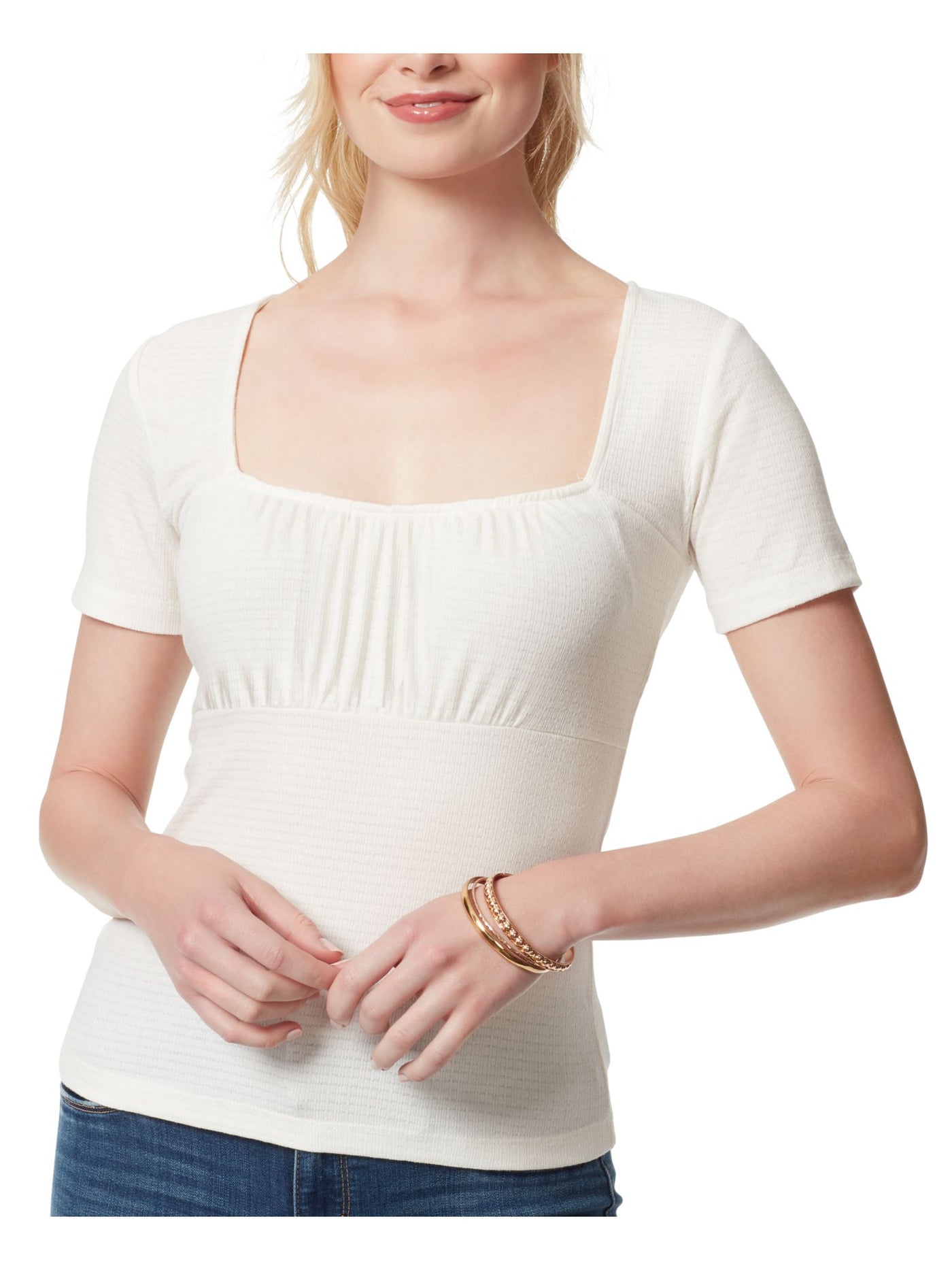JESSICA SIMPSON Womens White Textured Sheer Ruched Short Sleeve Square Neck Top XS