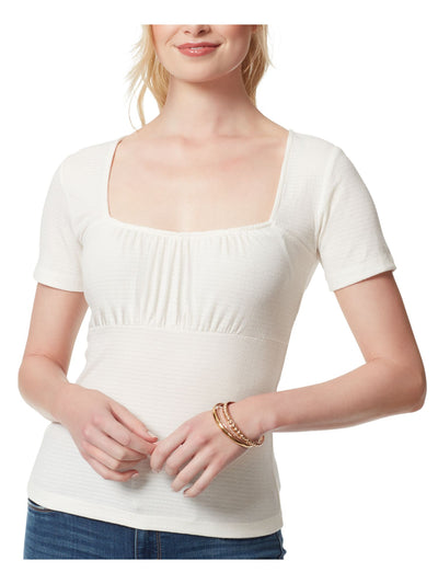 JESSICA SIMPSON Womens White Textured Sheer Ruched Short Sleeve Square Neck Top XS