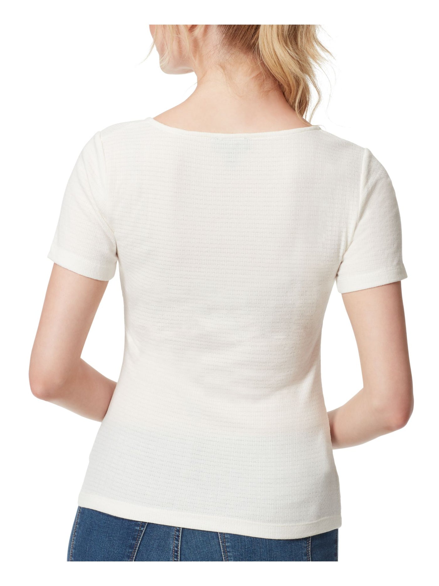 JESSICA SIMPSON Womens White Textured Sheer Ruched Short Sleeve Square Neck Top XS