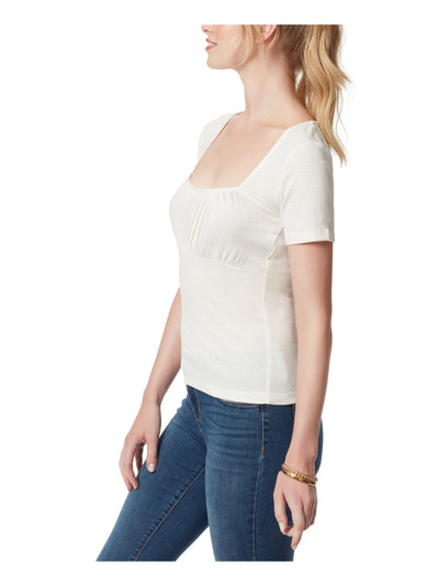 JESSICA SIMPSON Womens White Textured Sheer Ruched Short Sleeve Square Neck Top XS