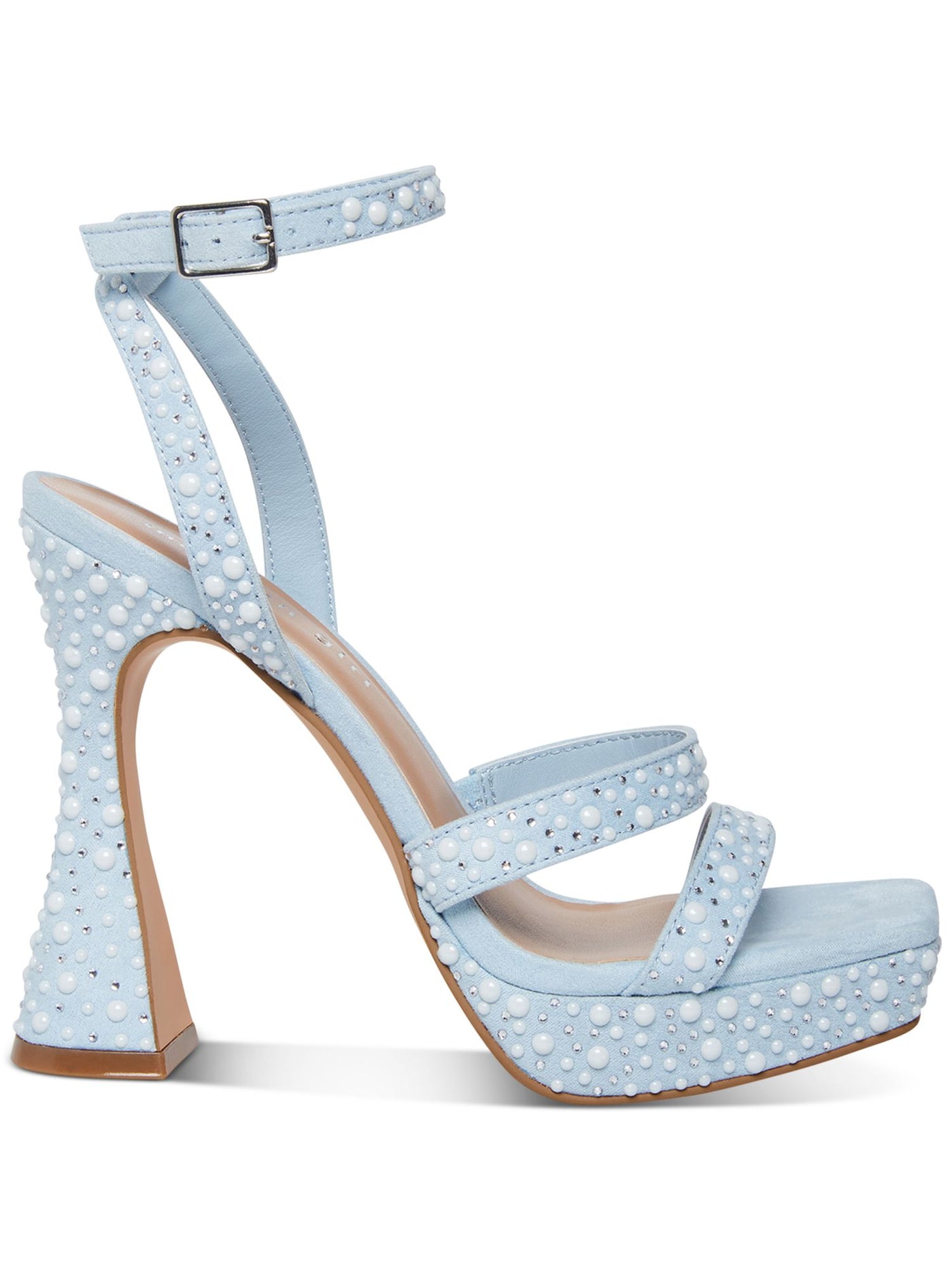 MADDEN GIRL Womens Light Blue Padded Embellished 1" Platform Adjustable Strap Ankle Strap Zanee Square Toe Flare Buckle Heeled Sandal 6.5 M