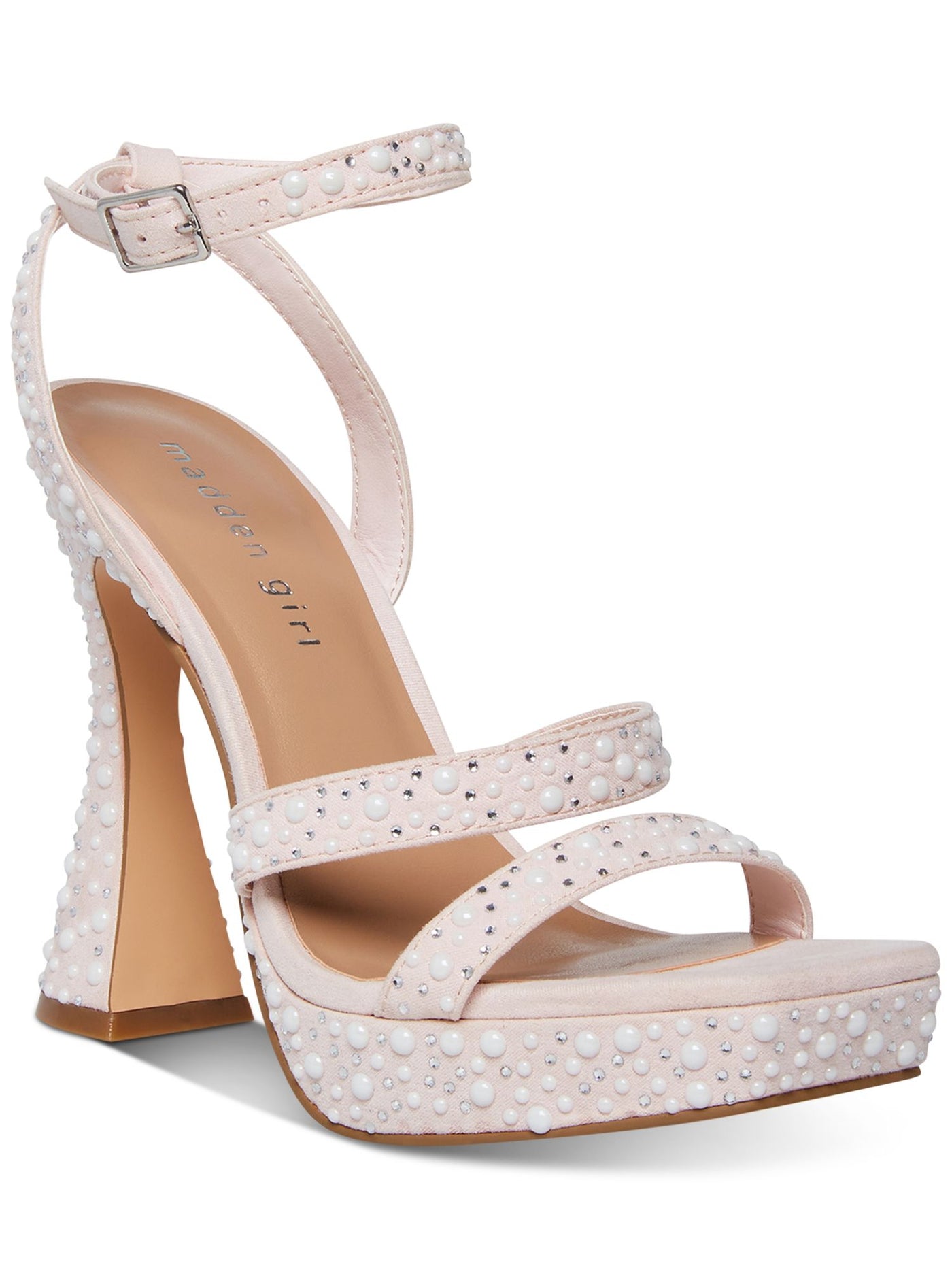 MADDEN GIRL Womens Pink Padded Embellished 1" Platform Adjustable Ankle Strap Zanee Square Toe Flare Buckle Heeled Sandal 9.5 M