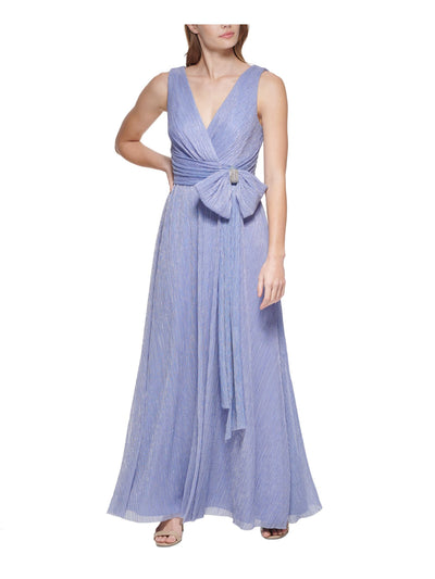 ELIZA J Womens Light Blue Metallic Textured Lined Rhinestone Bow Detail Sleeveless Surplice Neckline Full-Length Evening Gown Dress Petites 0P