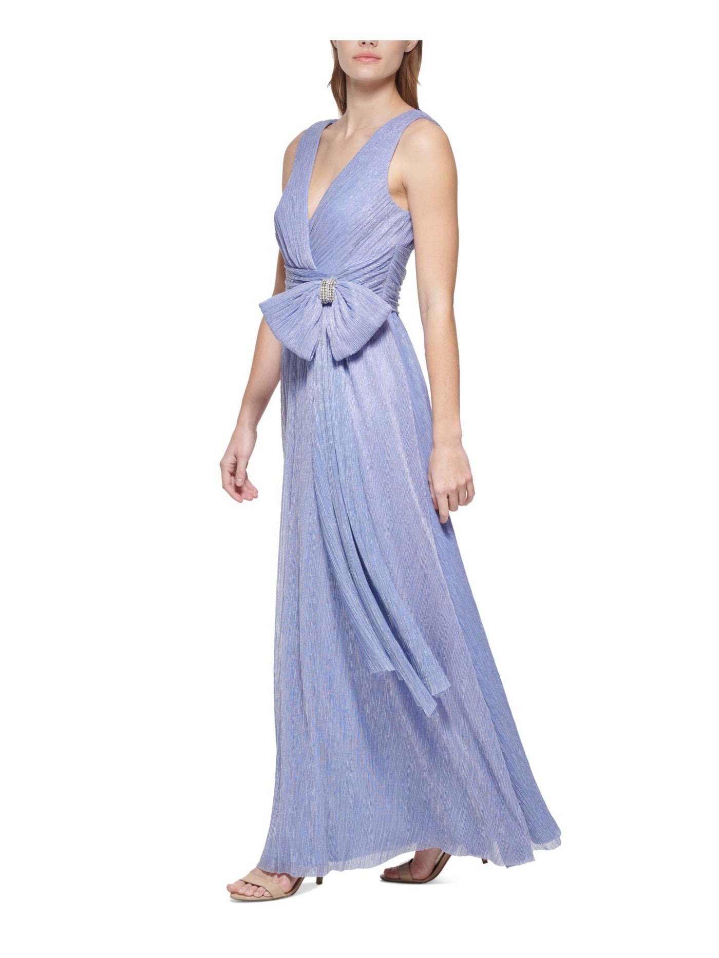 ELIZA J Womens Light Blue Metallic Textured Lined Rhinestone Bow Detail Sleeveless Surplice Neckline Full-Length Evening Gown Dress Petites 0P