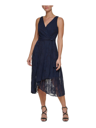 DKNY Womens Navy Zippered Embroidered Tie Belt Lined Eyelet Sleeveless V Neck Tea-Length Faux Wrap Dress Petites 2P