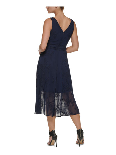 DKNY Womens Navy Zippered Embroidered Tie Belt Lined Eyelet Sleeveless V Neck Tea-Length Faux Wrap Dress Petites 2P