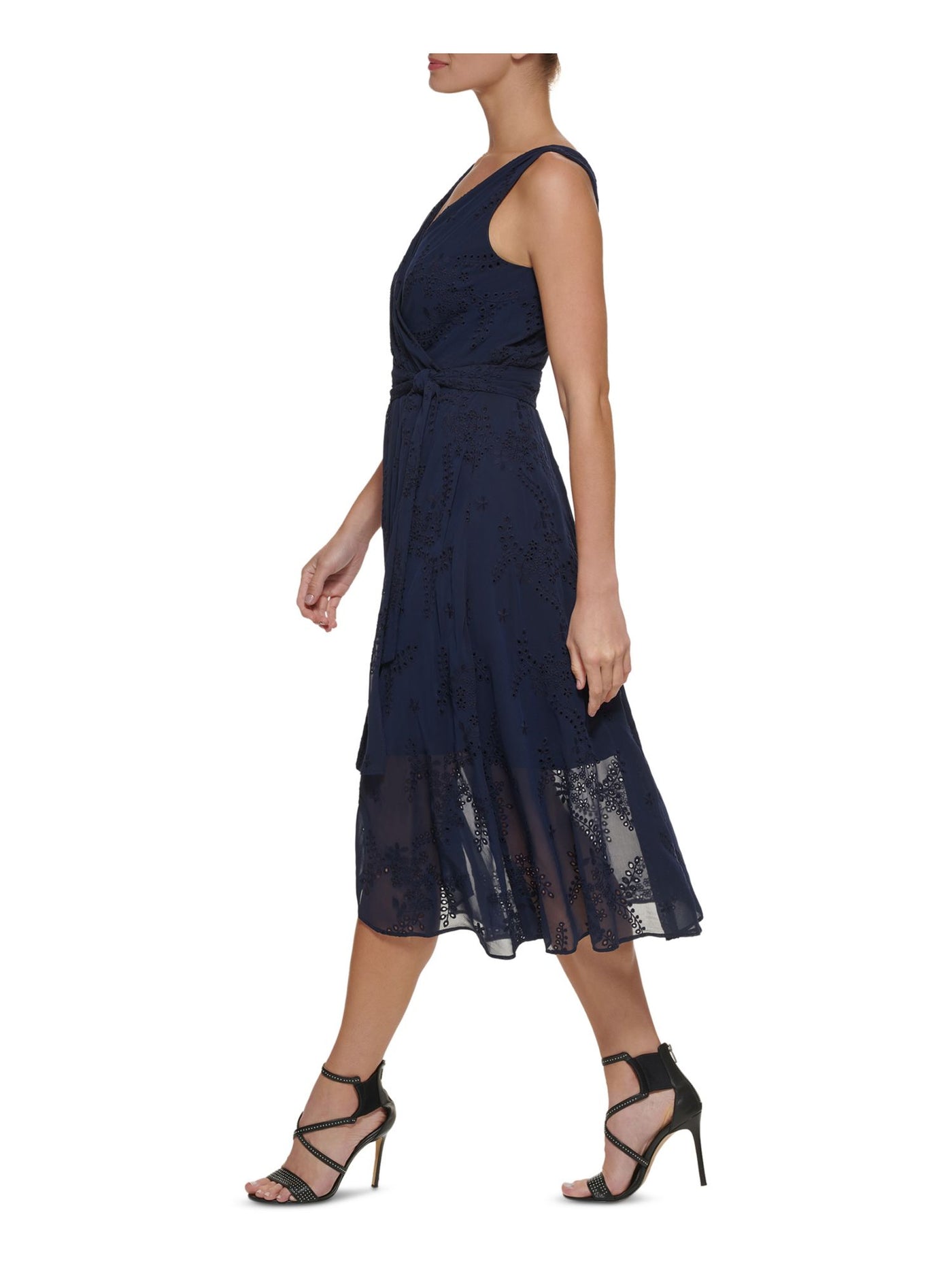 DKNY Womens Navy Zippered Embroidered Tie Belt Lined Eyelet Sleeveless V Neck Tea-Length Faux Wrap Dress Petites 2P