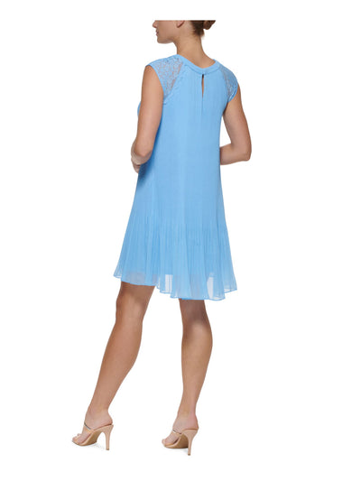 DKNY Womens Light Blue Pleated Keyhole Back Lined Cap Sleeve Crew Neck Short Party Shift Dress Petites 2P