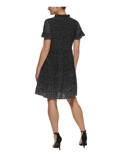 DKNY Womens Black Ruffled Lined Tie Neck Tiered Skirt Polka Dot Short Sleeve V Neck Above The Knee Fit + Flare Dress Petites 10P