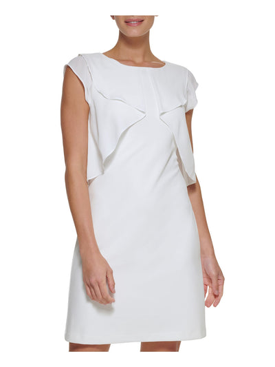 DKNY Womens White Zippered Sheer Split-overlay Unlined Flutter Sleeve Crew Neck Above The Knee Wear To Work Sheath Dress Petites 4P