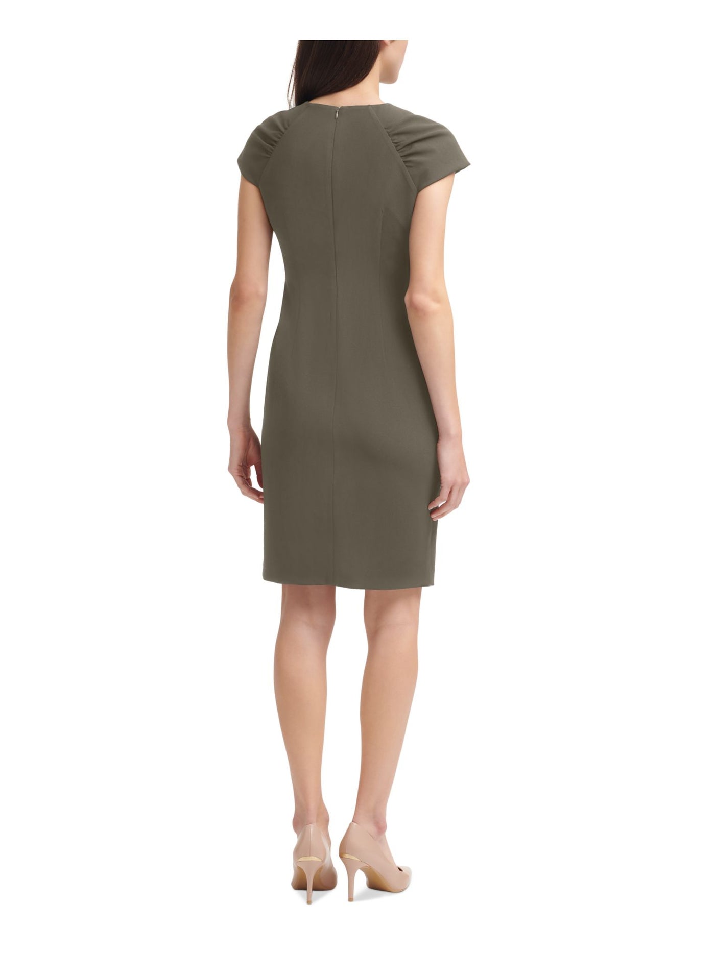 CALVIN KLEIN Womens Green Zippered Ruched Darted Unlined Cap Sleeve Round Neck Above The Knee Wear To Work Sheath Dress 2