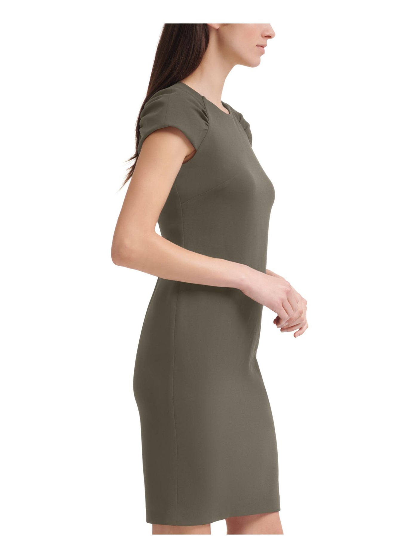 CALVIN KLEIN Womens Green Zippered Ruched Darted Unlined Cap Sleeve Round Neck Above The Knee Wear To Work Sheath Dress 2