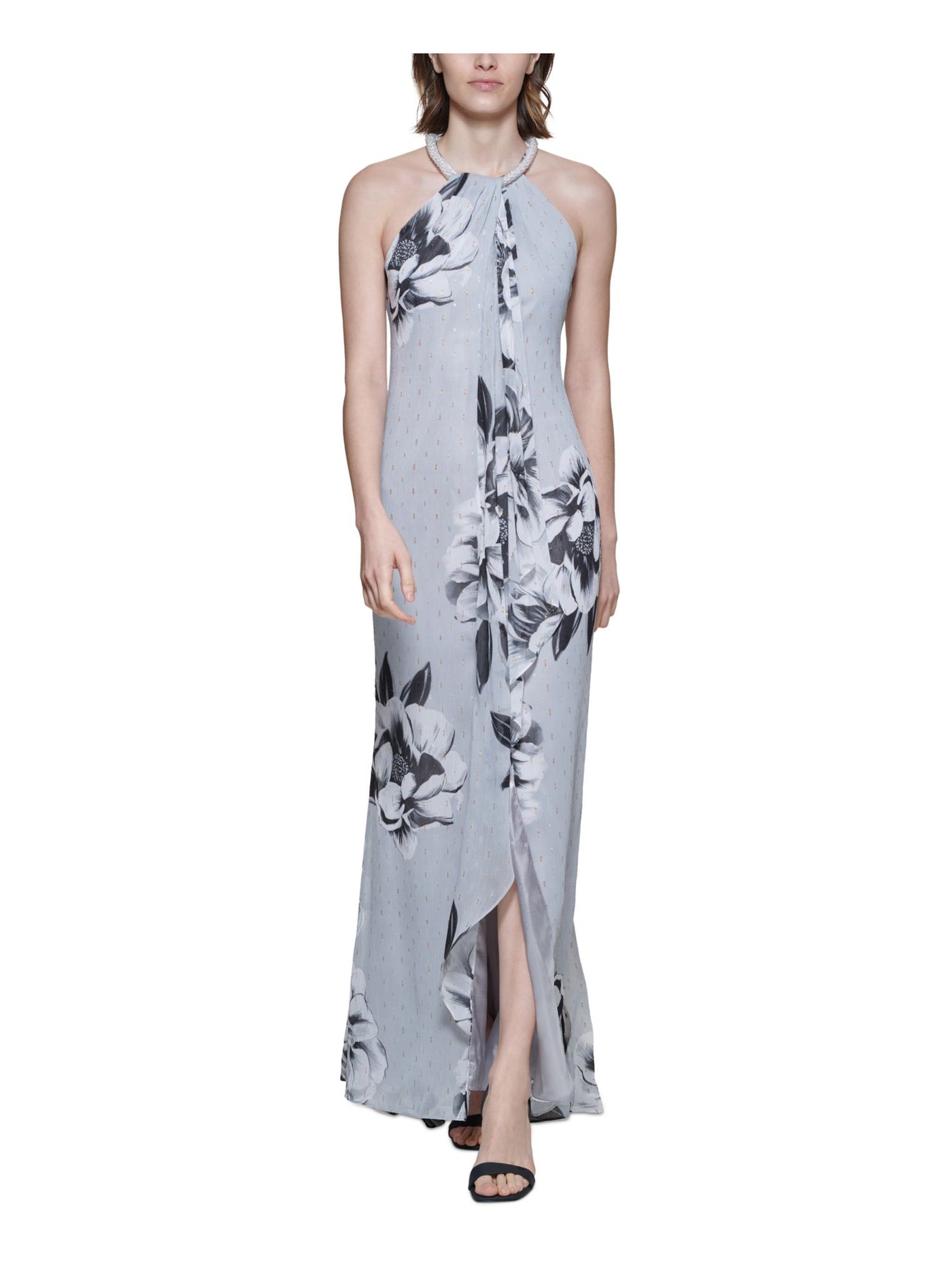 CALVIN KLEIN Womens Gray Twist Front Ruffled Tulip Hem Beaded Liined Floral Sleeveless Round Neck Full-Length Formal Gown Dress 10