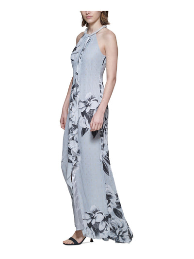 CALVIN KLEIN Womens Gray Twist Front Ruffled Tulip Hem Beaded Liined Floral Sleeveless Round Neck Full-Length Formal Gown Dress 2