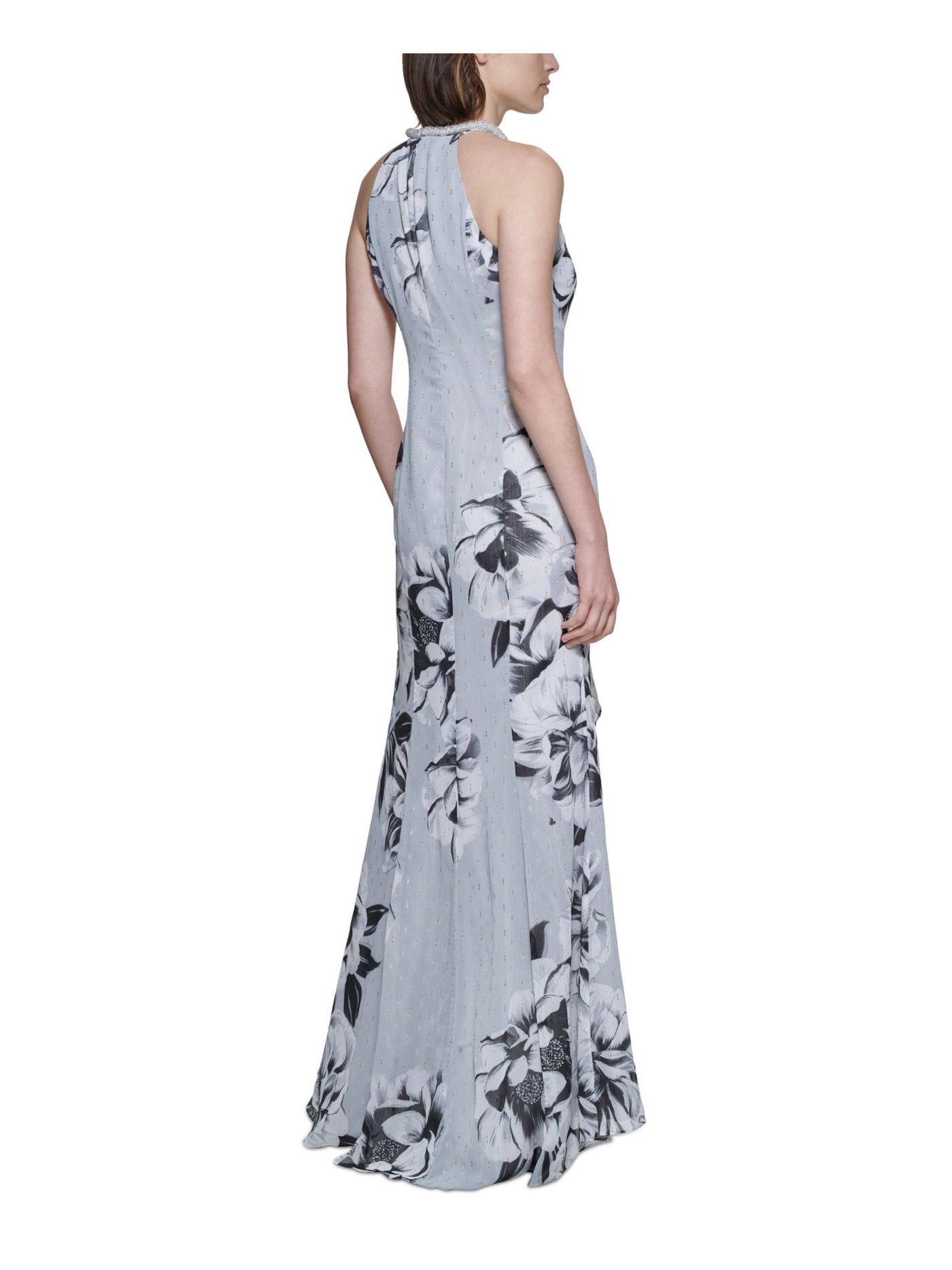 CALVIN KLEIN Womens Gray Twist Front Ruffled Tulip Hem Beaded Liined Floral Sleeveless Round Neck Full-Length Formal Gown Dress 12