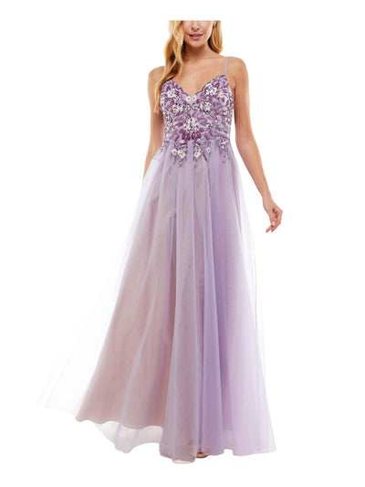 SAY YES TO THE PROM Womens Purple Sequined Beaded Adjustable Straps Zippered Lined Spaghetti Strap V Neck Full-Length Prom Gown Dress 0