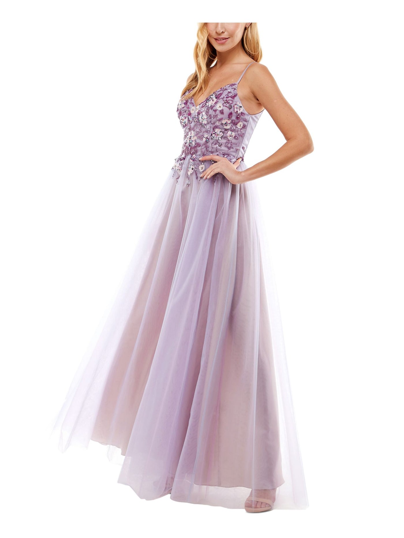 SAY YES TO THE PROM Womens Purple Sequined Beaded Adjustable Straps Zippered Lined Spaghetti Strap V Neck Full-Length Prom Gown Dress 3