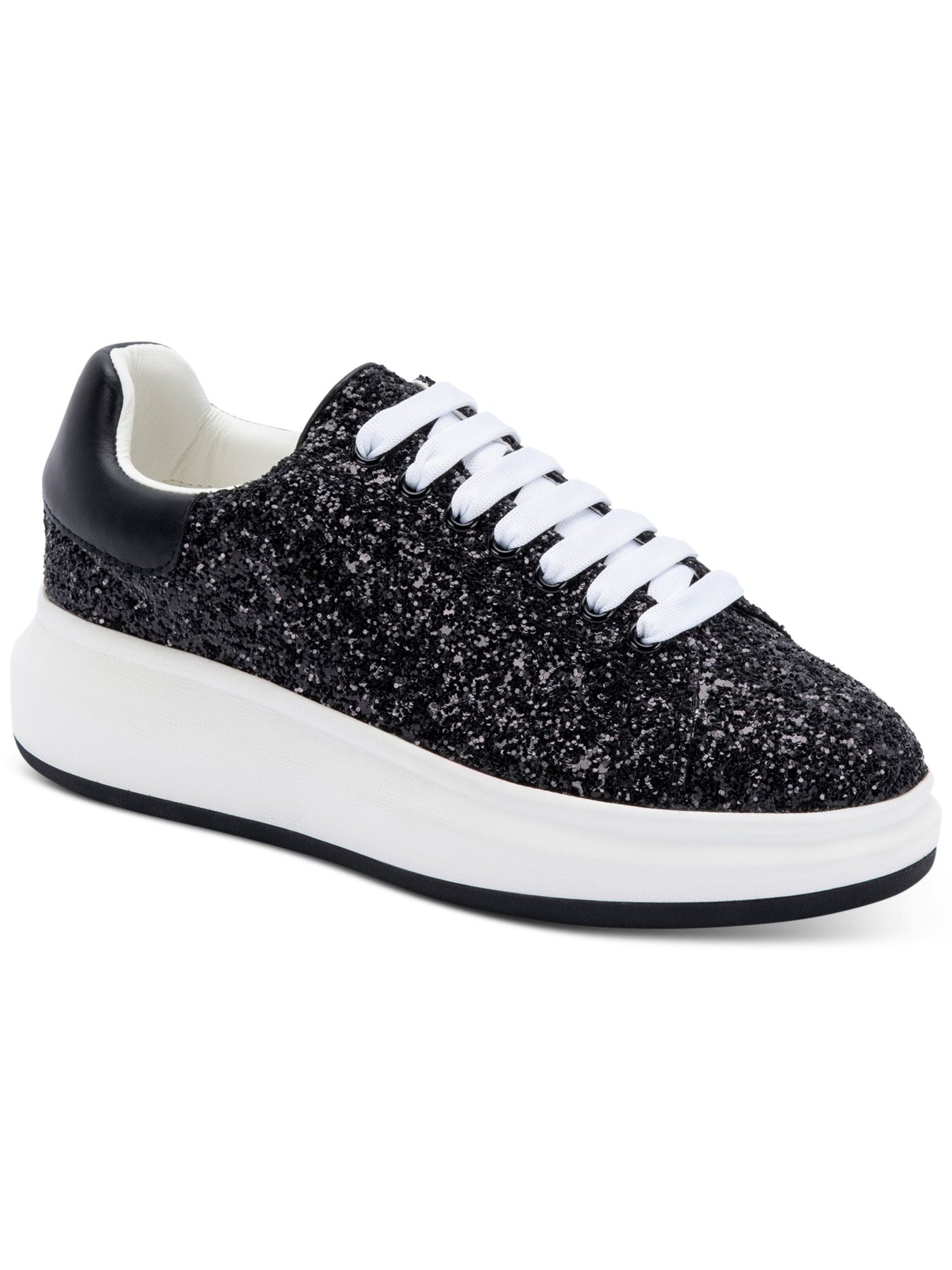 AQUA COLLEGE Womens Black Mixed Media Glitter Waterproof Darcy Round Toe Platform Lace-Up Sneakers Shoes 6.5 M