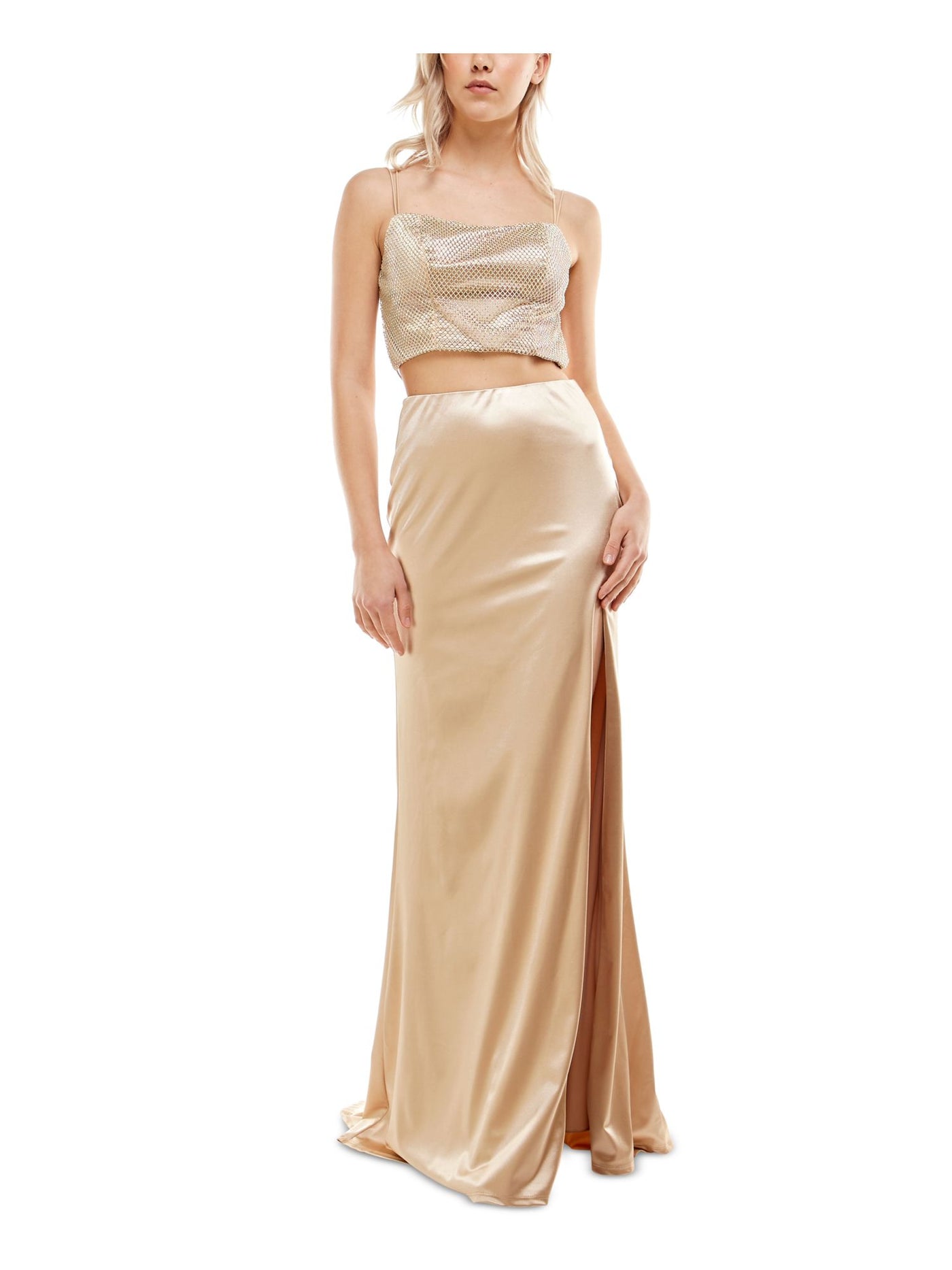 B DARLIN Womens Beige Slitted Zippered Beaded Mesh Sleeveless Scoop Neck Full-Length Gown Prom Dress 0