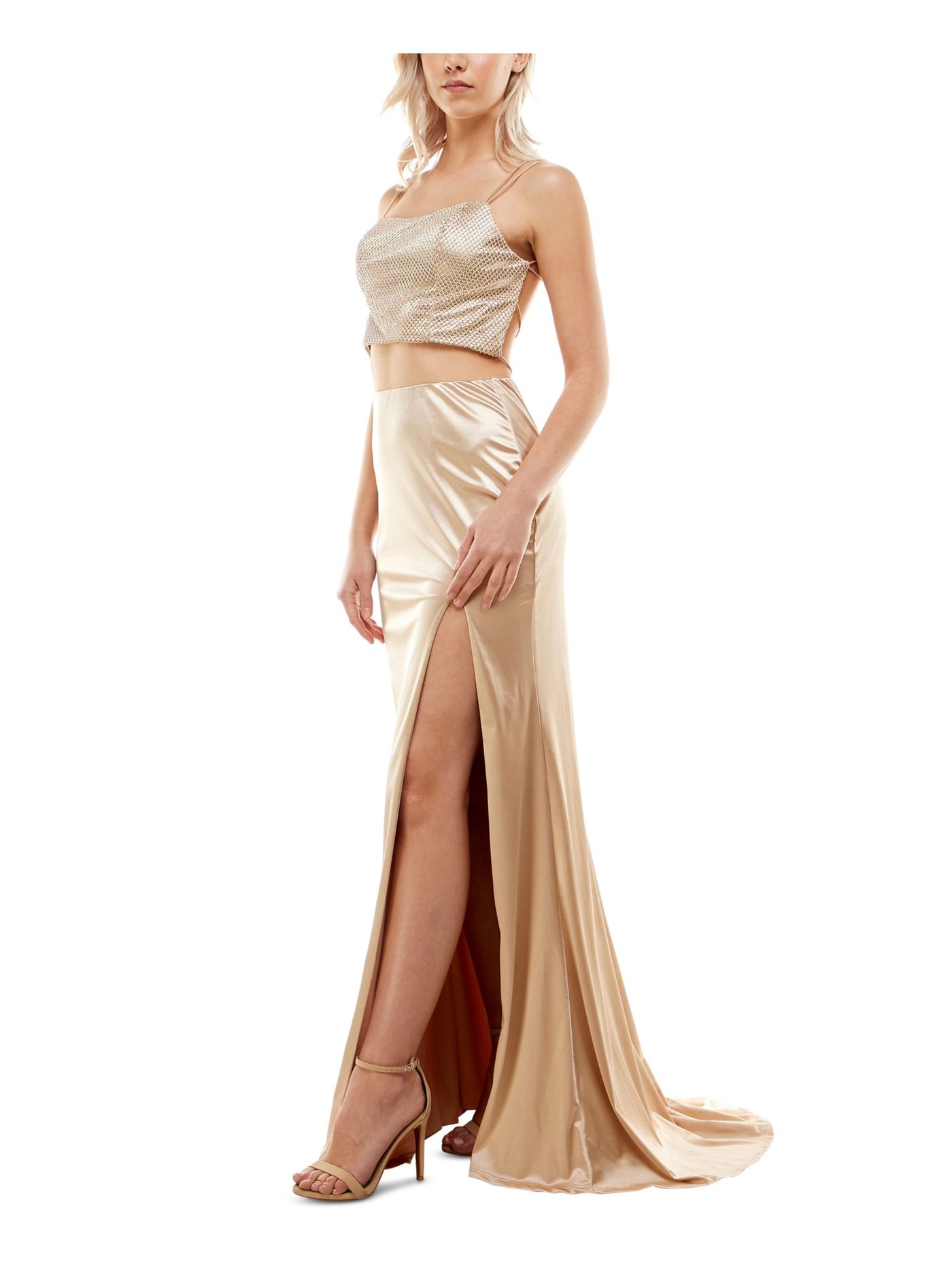 B DARLIN Womens Gold Slitted Zippered Beaded Mesh Sleeveless Scoop Neck Full-Length Gown Prom Dress 5\6