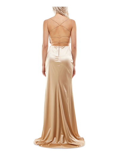 B DARLIN Womens Gold Slitted Zippered Beaded Mesh Sleeveless Scoop Neck Full-Length Gown Prom Dress 15\16