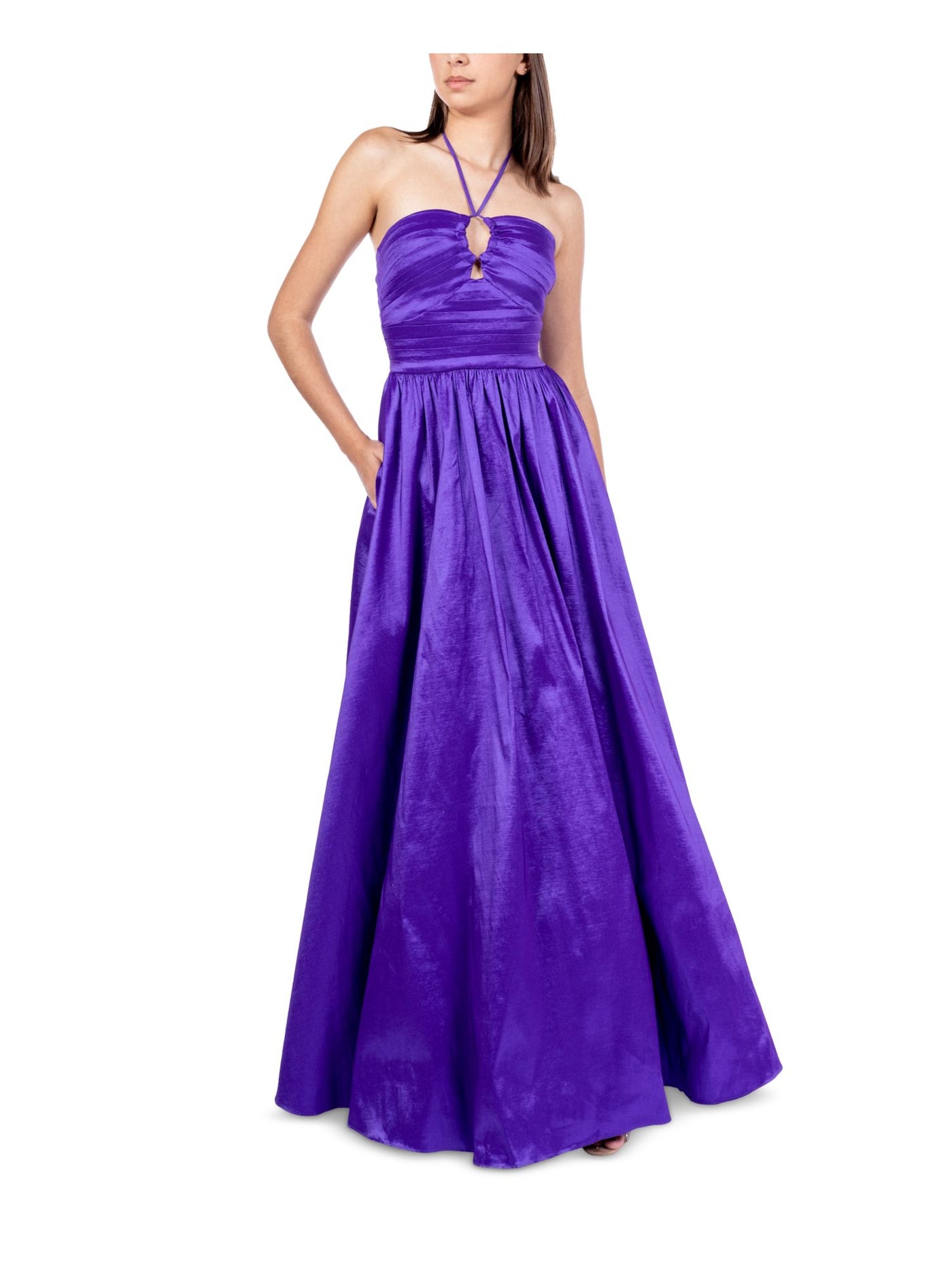 B DARLIN Womens Purple Pleated Tie Taffeta Keyhole Front Lined Sleeveless Halter Prom Gown Dress 3\4