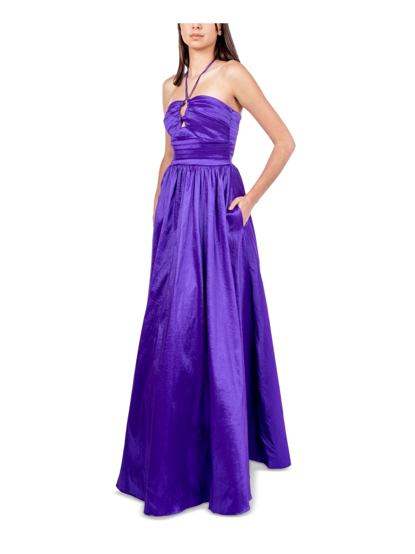 B DARLIN Womens Purple Pleated Tie Taffeta Keyhole Front Lined Sleeveless Halter Prom Gown Dress 1\2