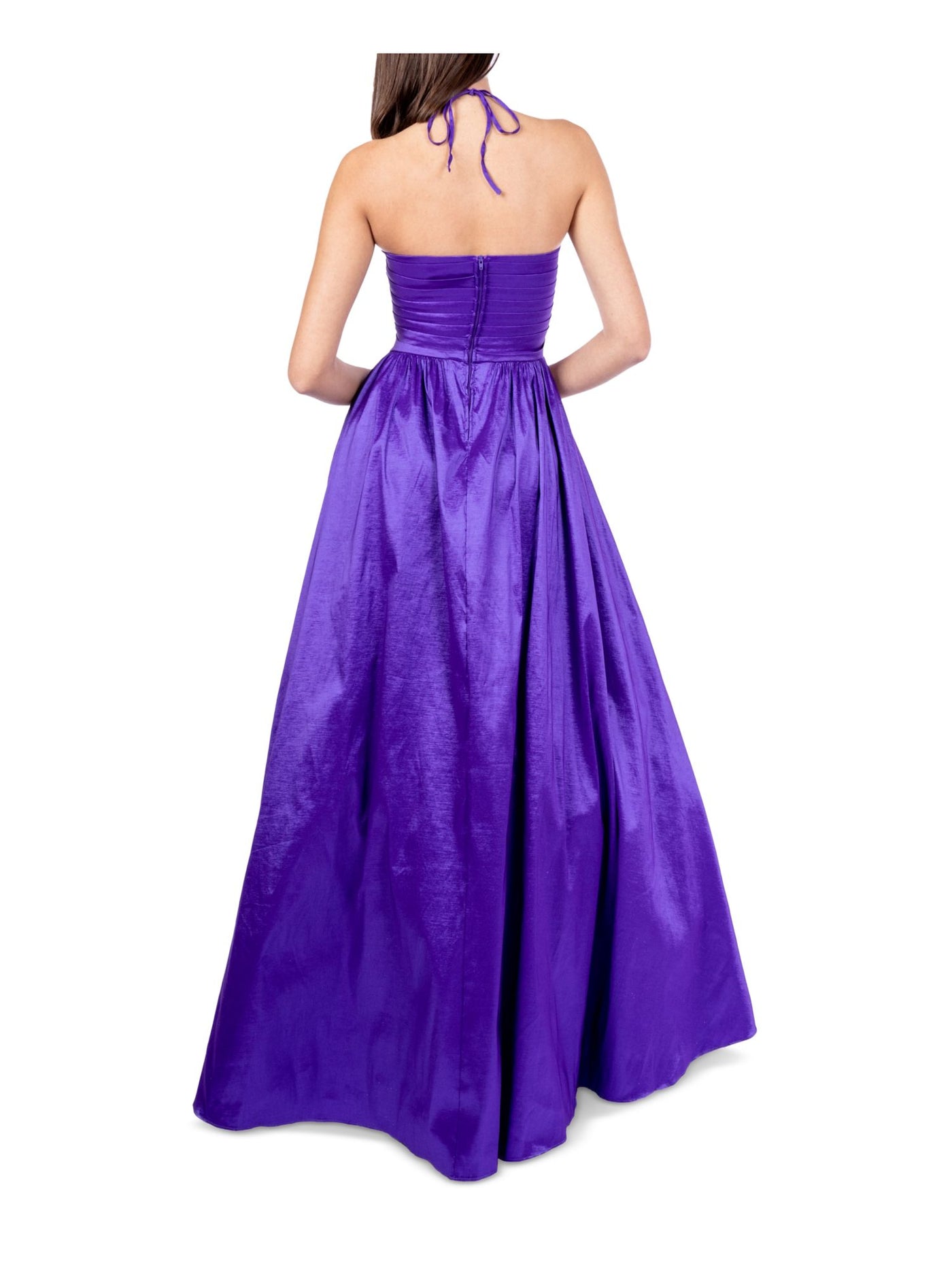 B DARLIN Womens Purple Pleated Tie Taffeta Keyhole Front Lined Sleeveless Halter Prom Gown Dress 7\8