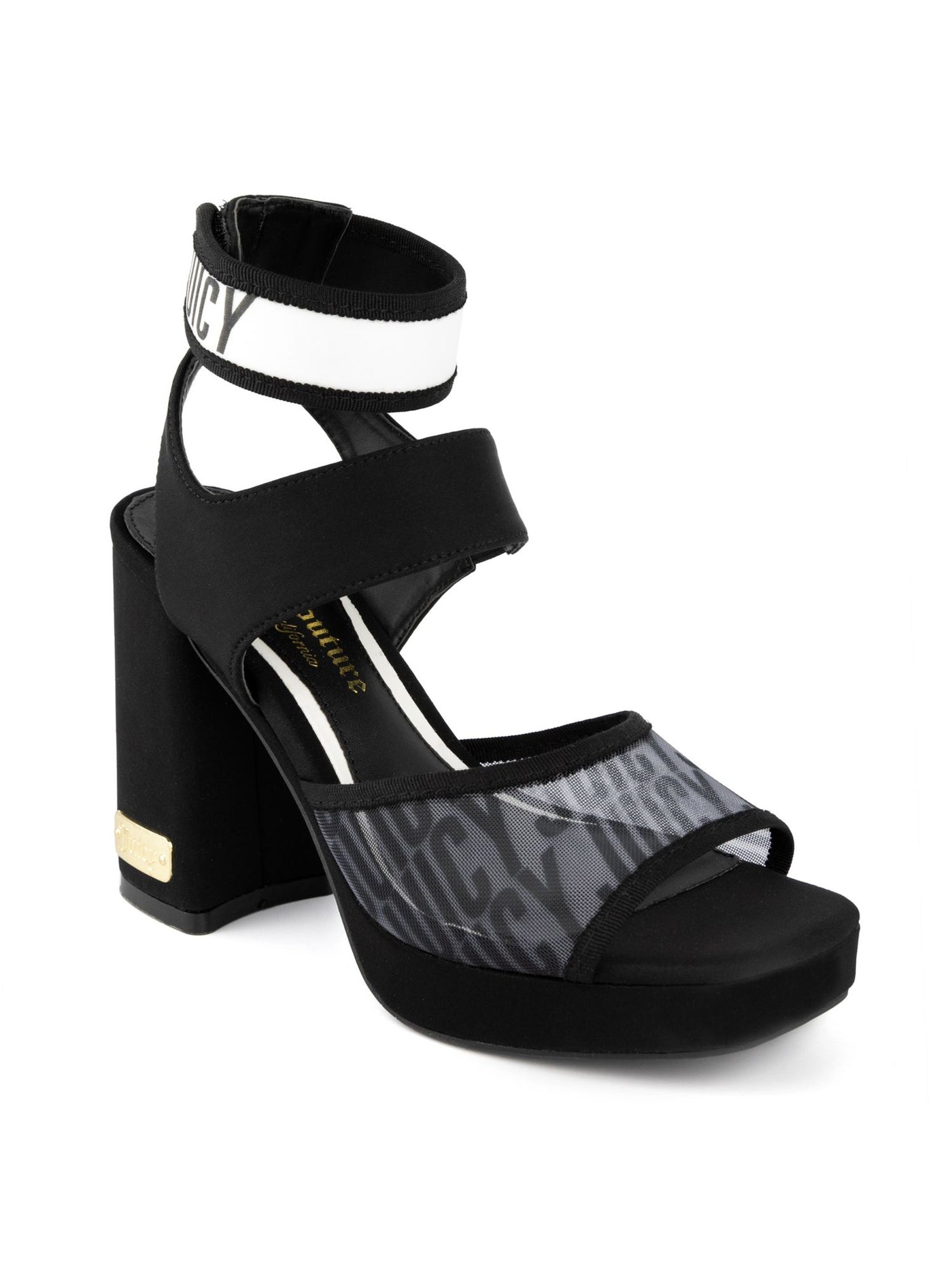 JUICY COUTURE Womens Black Mixed Media Logo Hardware On Heel Ankle Strap Cushioned Graciela Square Toe Block Heel Heeled Sandal 7.5 M