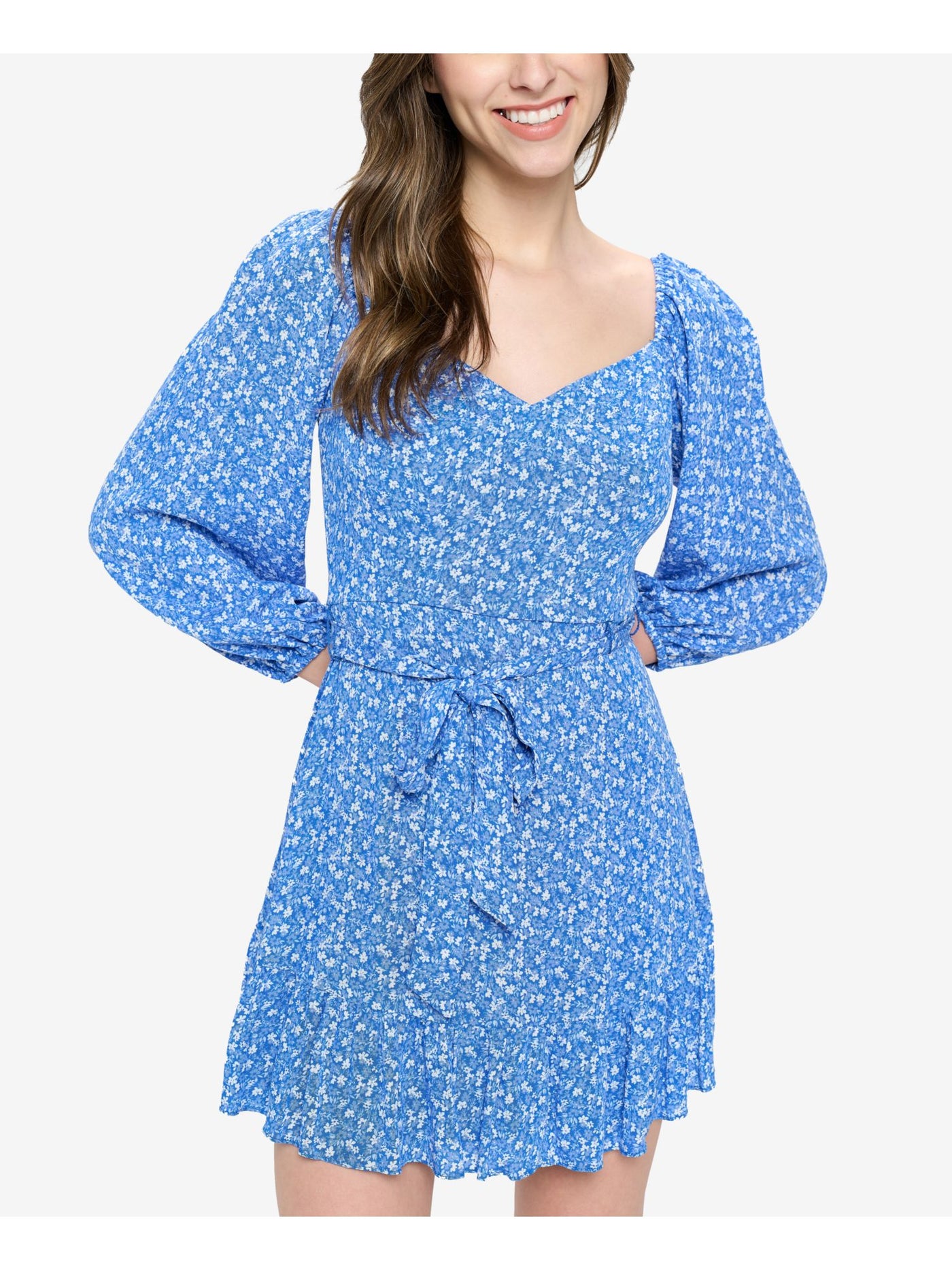 B DARLIN Womens Blue Belted Zippered Lined Floral 3/4 Sleeve Sweetheart Neckline Short Fit + Flare Dress 3\4