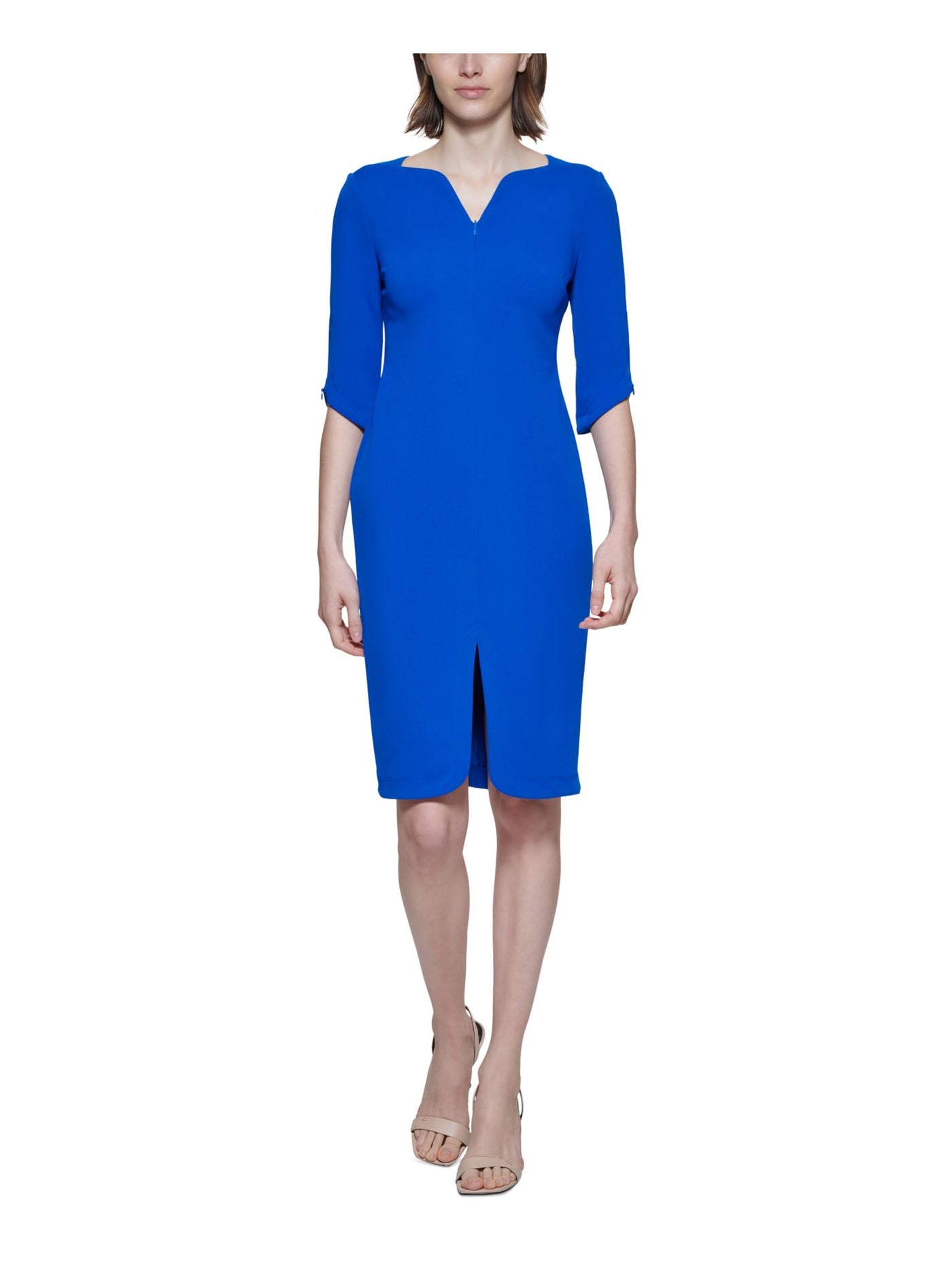 CALVIN KLEIN Womens Blue Zippered Textured 3/4 Sleeve V Neck Midi Wear To Work Sheath Dress 2