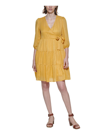 CALVIN KLEIN Womens Yellow Sheer Metallic Tie Faux-wrap Styling Tiered 3/4 Sleeve V Neck Above The Knee A-Line Dress 6