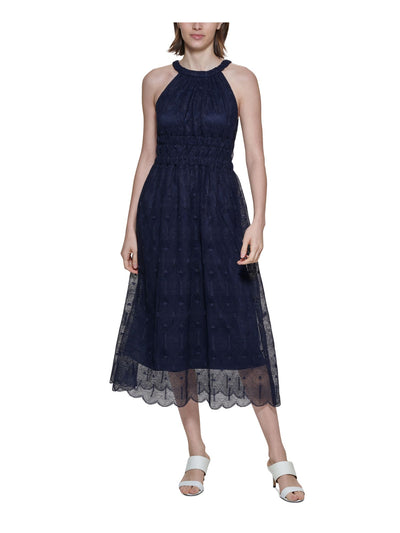 CALVIN KLEIN Womens Navy Zippered Textured Lace Lined Smocked Scalloped Sleeveless Halter Tea-Length Fit + Flare Dress 4