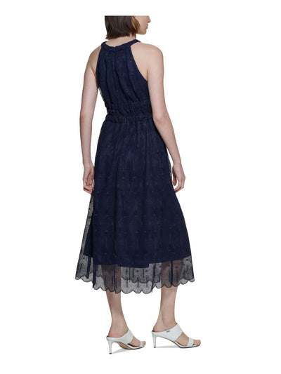 CALVIN KLEIN Womens Navy Zippered Textured Lace Lined Smocked Scalloped Sleeveless Halter Tea-Length Fit + Flare Dress 6