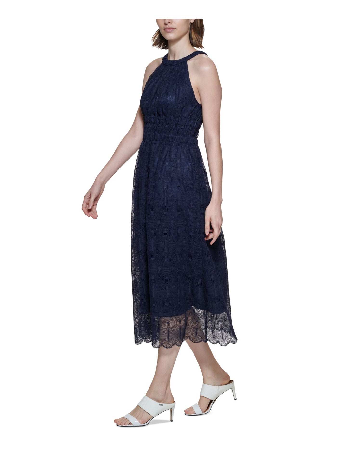 CALVIN KLEIN Womens Navy Zippered Textured Lace Lined Smocked Scalloped Sleeveless Halter Tea-Length Fit + Flare Dress 2