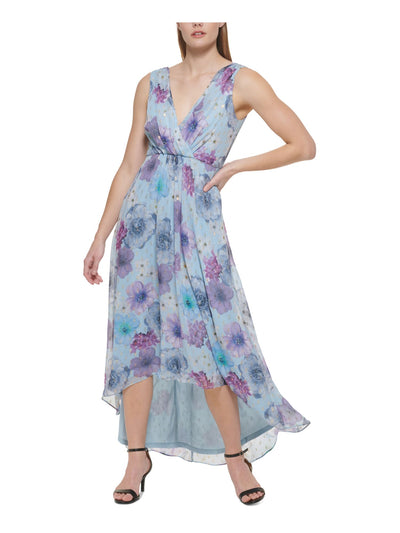 JESSICA HOWARD PETITES Womens Light Blue Zippered Pleated V Back Lined Floral Sleeveless V Neck Maxi Hi-Lo Dress Petites 4P