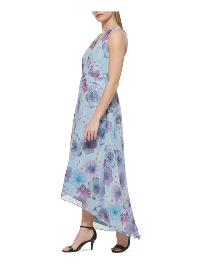 JESSICA HOWARD PETITES Womens Light Blue Zippered Pleated V Back Lined Floral Sleeveless V Neck Maxi Hi-Lo Dress Petites 4P
