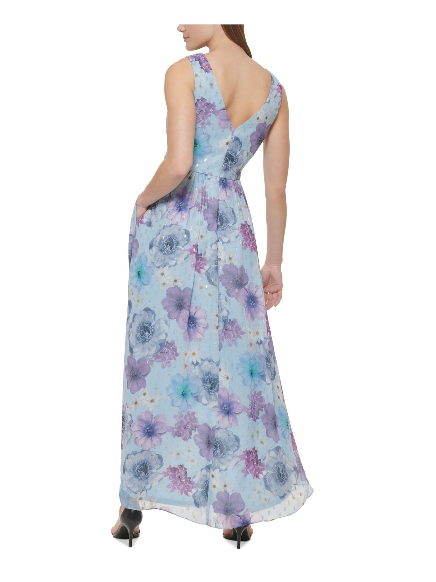 JESSICA HOWARD PETITES Womens Light Blue Zippered Pleated V Back Lined Floral Sleeveless V Neck Maxi Hi-Lo Dress Petites 4P