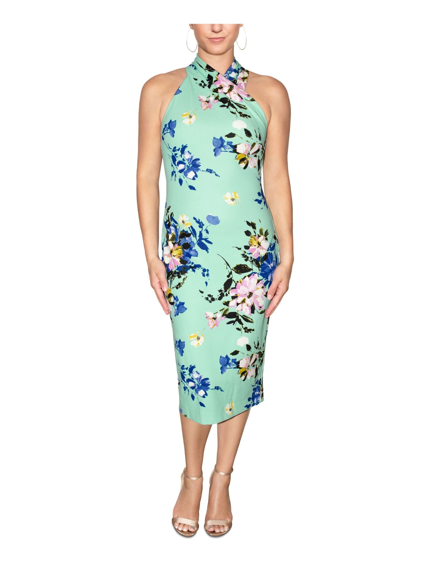 RACHEL RACHEL ROY Womens Light Blue Zippered Pleated Crossover Mock Neck Slit Back Floral Sleeveless Midi Party Sheath Dress S