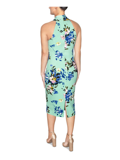 RACHEL RACHEL ROY Womens Light Blue Zippered Pleated Crossover Mock Neck Slit Back Floral Sleeveless Midi Party Sheath Dress S