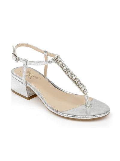 JEWEL BADGLEY MISCHKA Womens Silver Embellished T-Strap Dasha Round Toe Block Heel Buckle Dress Thong Sandals Shoes 7.5 M