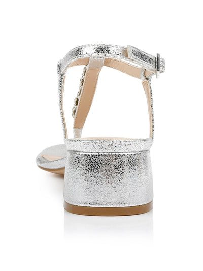 JEWEL BADGLEY MISCHKA Womens Silver Embellished T-Strap Dasha Round Toe Block Heel Buckle Dress Thong Sandals Shoes 5 M