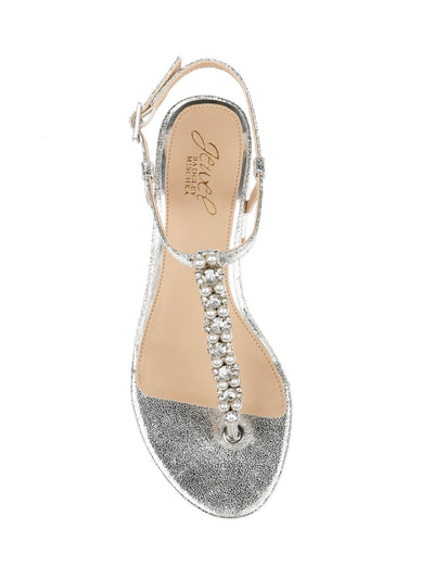 JEWEL BADGLEY MISCHKA Womens Silver Embellished T-Strap Dasha Round Toe Block Heel Buckle Dress Thong Sandals Shoes 5 M